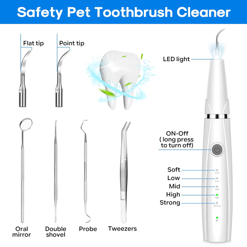 Dog Teeth Cleaning Kit, 5-Mode LED Ultrasonic Tooth Cleaner for Dogs & Cats – Plaque & Tartar Remover, 32-40kHz Pet Dental Care with Toothbrush(White) White