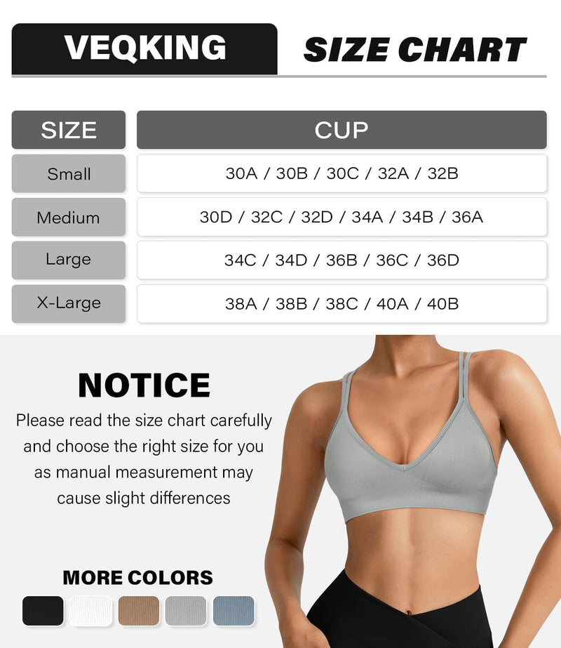 VEQING Seamless V-Neck Women Sports Bras, Padded Cross Back Wireless Low Impact Workout Yoga Bras for Small Chests, 3 Pack X-Large 3pack(black+white+gray)