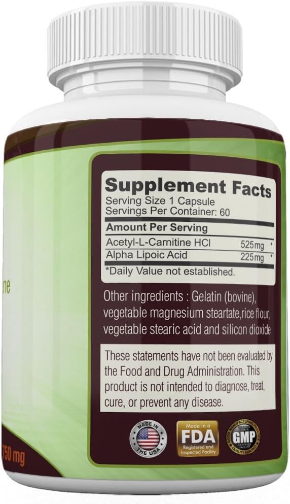 Alpha Lipoic Acid with Acetyl L Carnitine - ALA ALC Anti Aging Health & Wellness Formula to Support Nerve Health, Tingling Feet, Hands, Limbs 60 Vitamin Complex Capsules