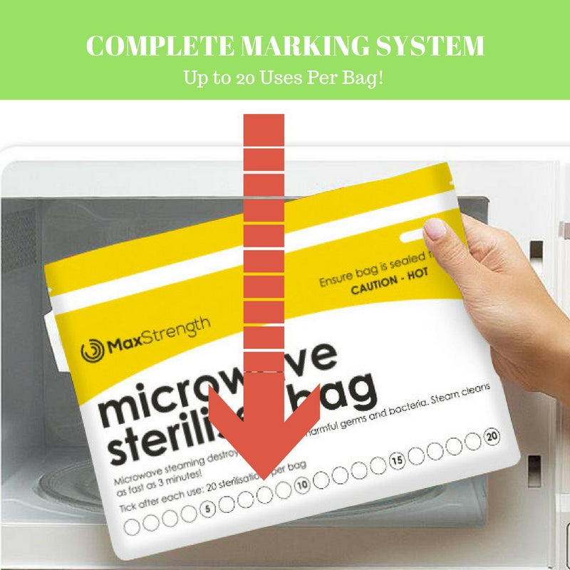 Premium Microwave Sterilizer Bags (20pcs) by Max Strength, Large & Durable Steam Bags for Baby Bottles, Soothers, Teethers & Training Cups, 20 Uses Per Bag & Marking System - BeesActive Australia