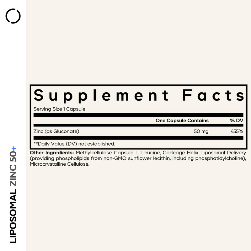 Codeage Liposomal Zinc 50mg, Zinc Gluconate, Vegan, 100 Capsules | Zinc gluconate 50mg, liposomal delivery. One capsule per day. Three-month supply. Vegan, non-GMO.