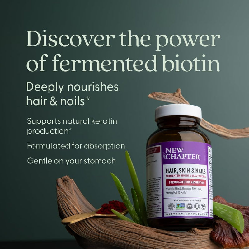 New Chapter Vegan Fermented Biotin Supplement, 60 Count | Hair, Skin, and Nails Vitamins with Fermented Biotin and Astaxanthin for Beauty Support, Vegan Formula