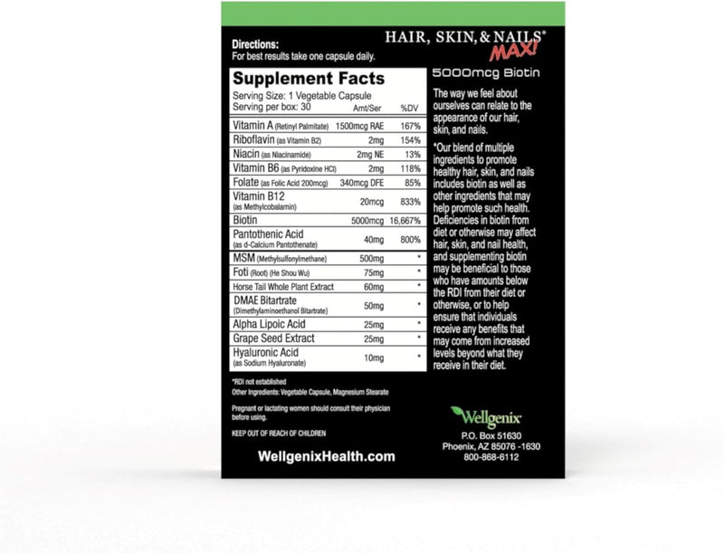 Wellgenix Purvana MAX Hair Skin and Nails Supplement – 5000mcg Biotin with MSM & B-Complex – Support for Thicker Hair, Stronger Nails & Glowing Skin – 30 Veggie Capsules | Biotin, MSM & hyaluronic acid in vegetable capsules for thicker, fuller hair, st...