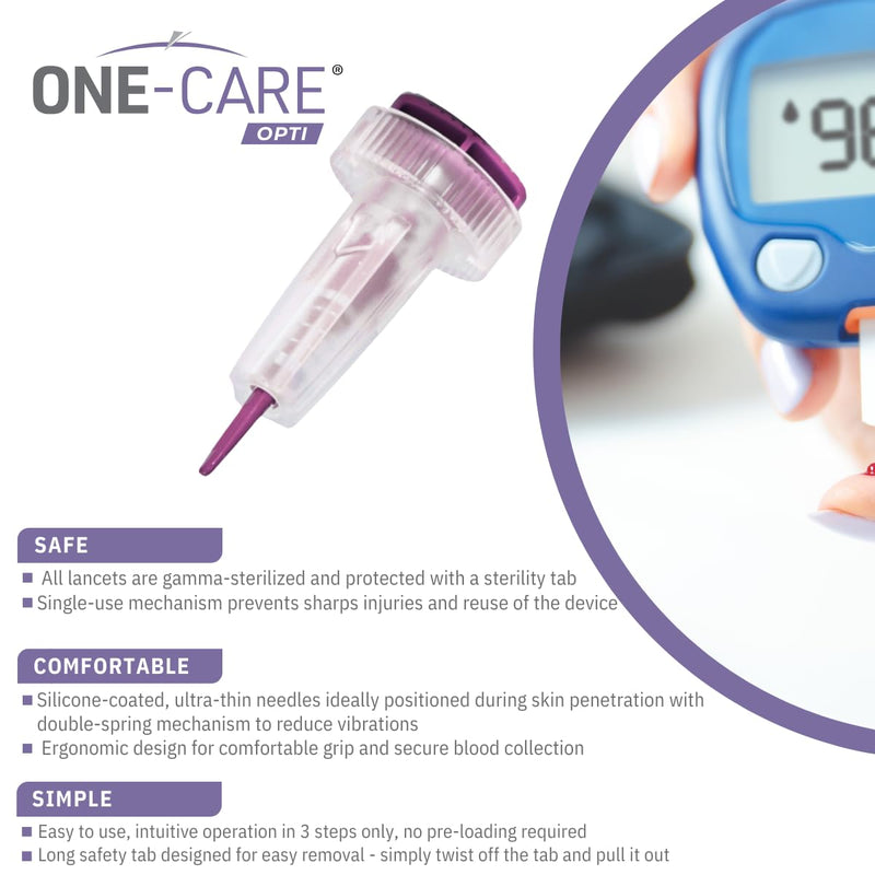 MediVena ONE-CARE Safety Lancets, 30G x 1.5mm, Push Button Activation, Gentle, Pre-Loaded, 3-Steps Only, Diabetes Testing, Sterile, Finger Self Prick Device, Glucose Monitor, Single Use, 100/Box - BeesActive Australia