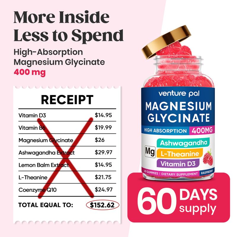 60 Day Supply Magnesium Glycinate 400mg Gummies Sugar Free High Absorption | With Ashwagandha, L-Theanine, CoQ10, Vitamin D3 & B6, Adults & Kids, Stress Relief, Sleep & Calm, Vegan, Gluten Free 60 Count (Pack of 1) V3-raspberry