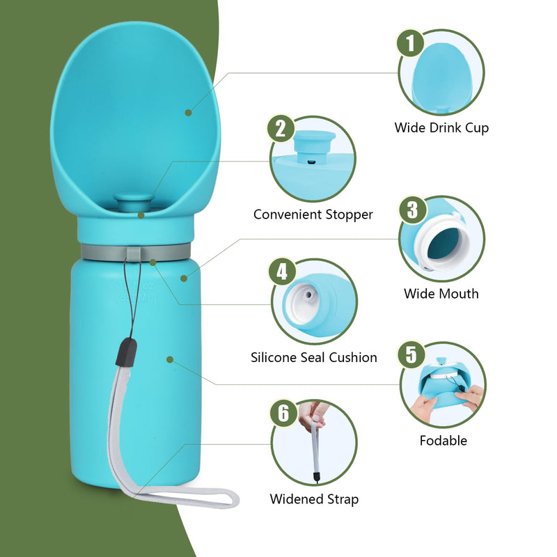 Dog Water Bottle 550ml with Extra-Wide Drinking Cup Foldable Bowl Food Grade Silicone Leak-Proof Extremely Compact for Pet Outdoor Sports Walking Hiking Camping Travel Cyan - BeesActive Australia