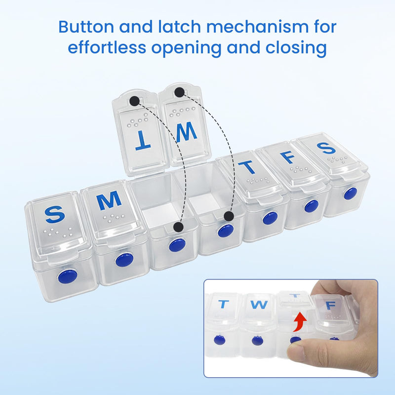 Weekly Pill Organizer, 7 Day Pill Case with Braille & Push Button, Large Pill Organizer for Vitamins, Fish Oil, Supplements & Tablets, Travel Case