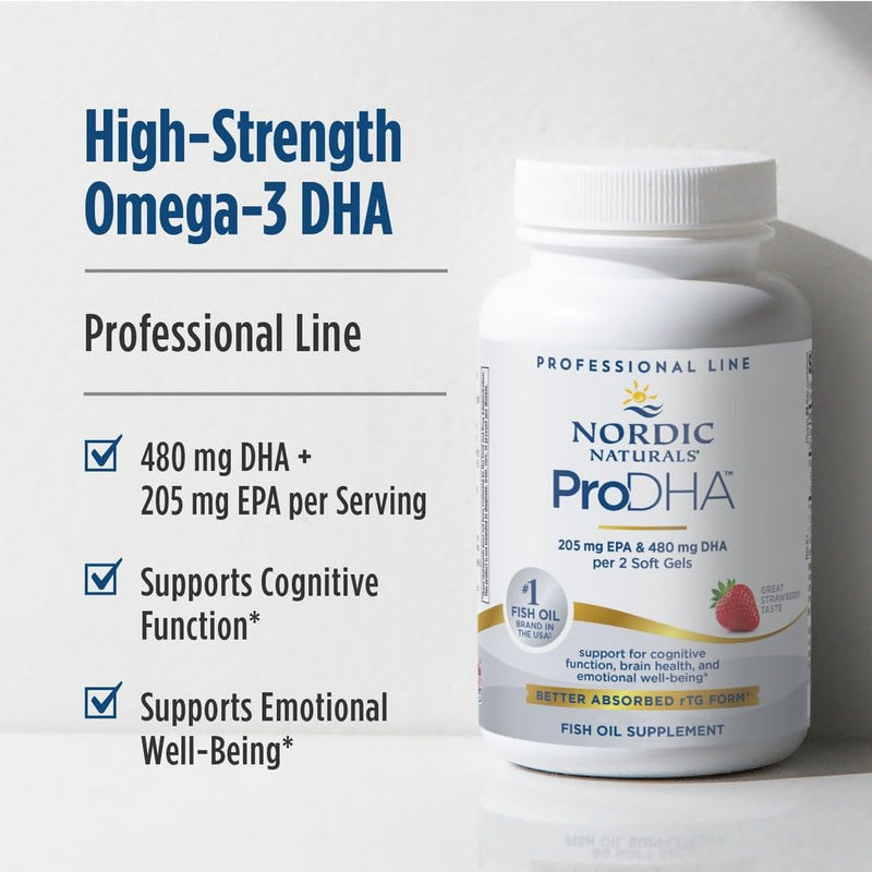 Nordic Naturals ProDHA, 830mg Omega-3, High-Intensity DHA - 120 Count | Omega-3 with high DHA for brain health, mood support & memory. Strawberry soft gels. Non-GMO certified. 60 servings.