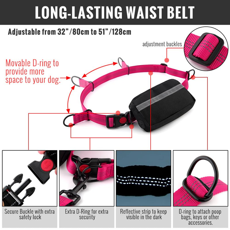 Plutus Pet Hands Free Dog Leash, Soft Padded Dual Handle Retractable Bungee Leash with Reflective Stitches, Adjustable Wasit Leash for Dog Walking Running Jogging, for Medium Large Dogs New Hot Pink - BeesActive Australia