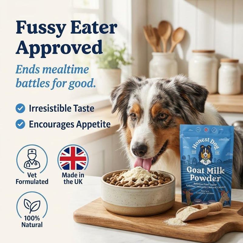 Honest Dog Co. Goats Milk Powder for Dogs | Packed with Protein, Calcium & Vitamins for Immunity, Recovery & Growth | Premium Supplement for Puppies & Adult Dogs | Made in UK | 225g | 45 servings