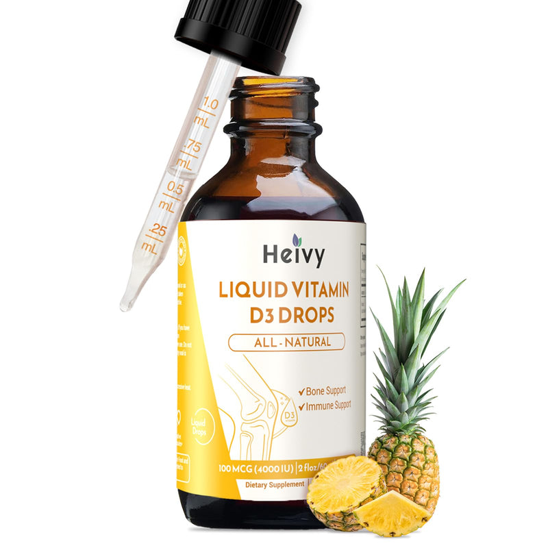 Heivy Liquid Vitamin D Drops 4000 IU (100 mcg), 2 Fl Oz (60ml) | Vitamin D3 for Bone Health Support, Pineapple Flavor Vegan VIT D3 Drops, Made in USA 2 Fl Oz (Pack of 1)