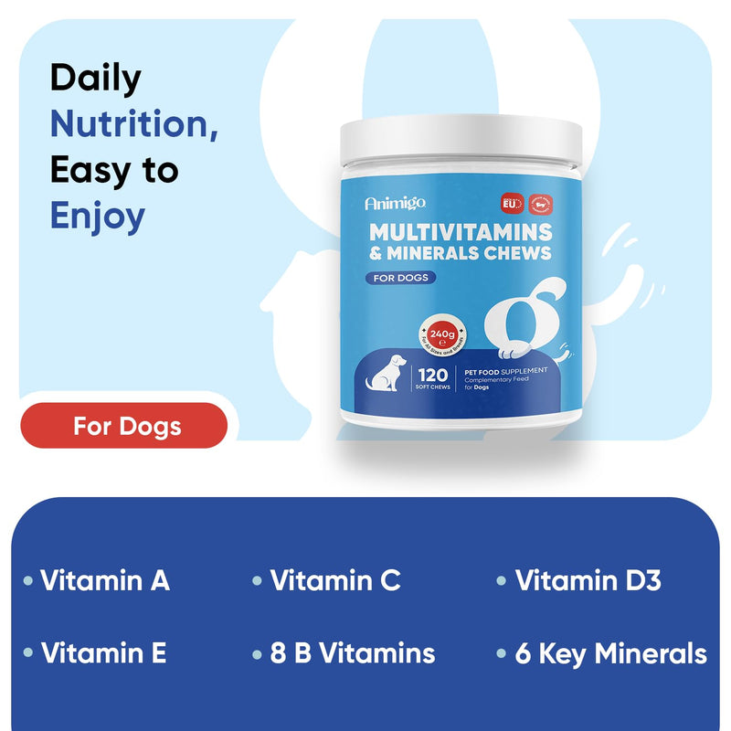 animigo Multivitamins and Minerals for Dogs - 120 Soft Chews - With 18 Vitamins & Minerals - Easy to Chew & Gentle Formulation - Suitable For All Breeds - Lactose-Free & Soy-Free