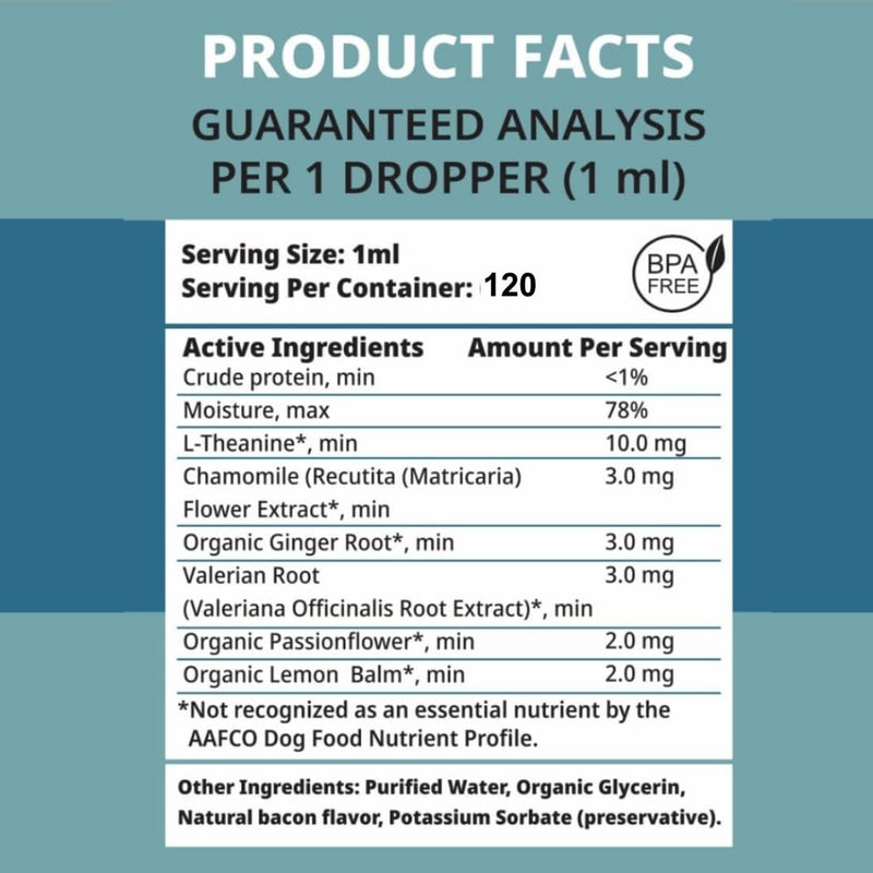 Calming Drops for Dogs and Cats - Calmness and Pets Well-Being - 6 in 1 Formula with L-Theanine Valerian Lemon Balm Chamomille - 120 Servings - Made in USA - Bacon Flavor 4oz - PawsPlanet Australia