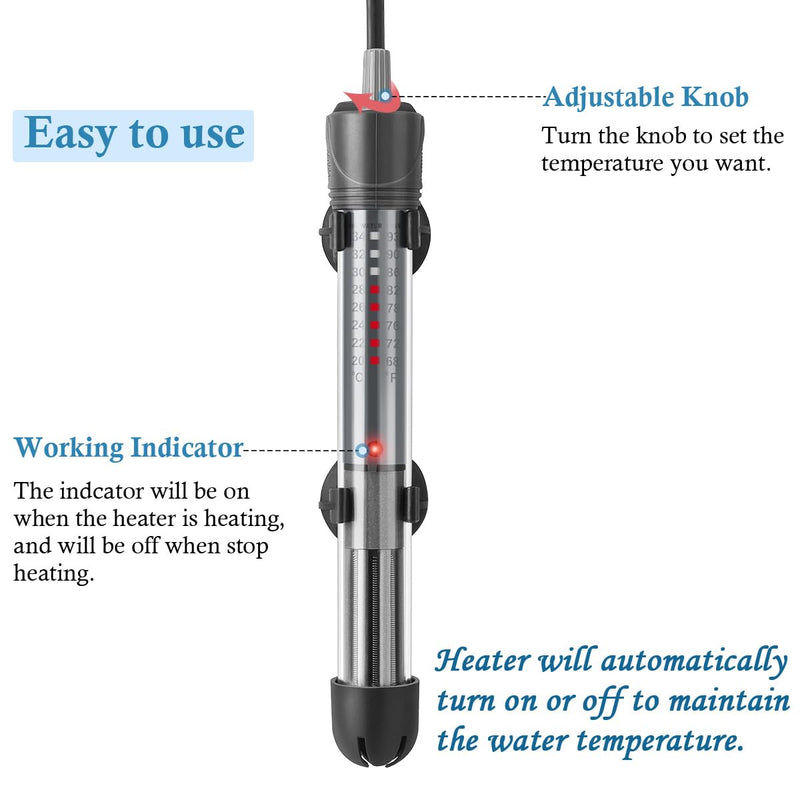 HITOP 50W Adjustable Aquarium Heater, Submersible Fish Tank Heater Thermostat with Suction Cups for 8-16Gal 7in-50w