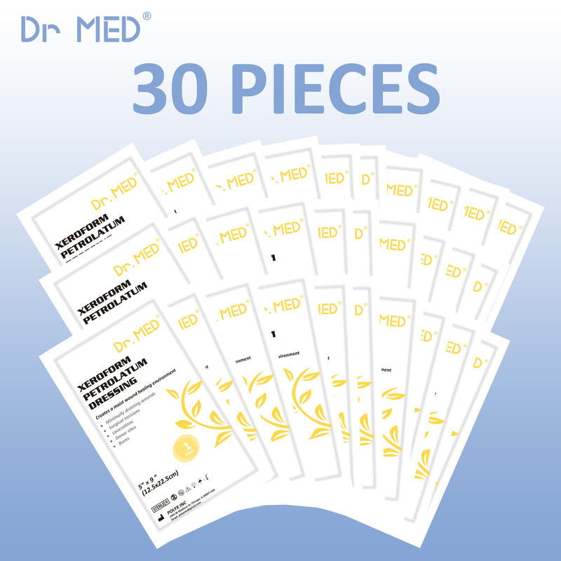 Dr.Med Xeroform Petrolatum Dressing Patch, 5"x9"-30 Pcs/Box, Non-Adherent Gauze Dressings, for Minor or Partial Thickness Burns, Lacerations, Skin Graft Recipient Sites, Newly Sutured Wounds 5"x9" (30 Pcs/Box) - BeesActive Australia