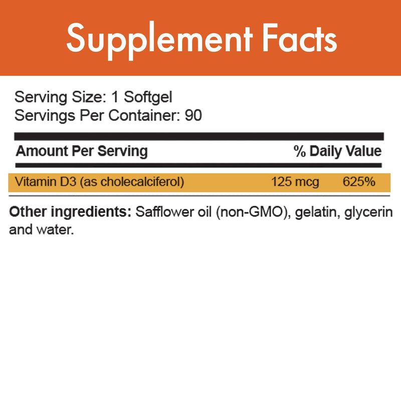 Stop Aging Now - D-Pure Formula 125 MCG - Premium Vitamin D3 5000 IU with Safflower Oil - Muscle, Teeth and Bone Health, Heart Health, and Immune Support - 90 Softgels