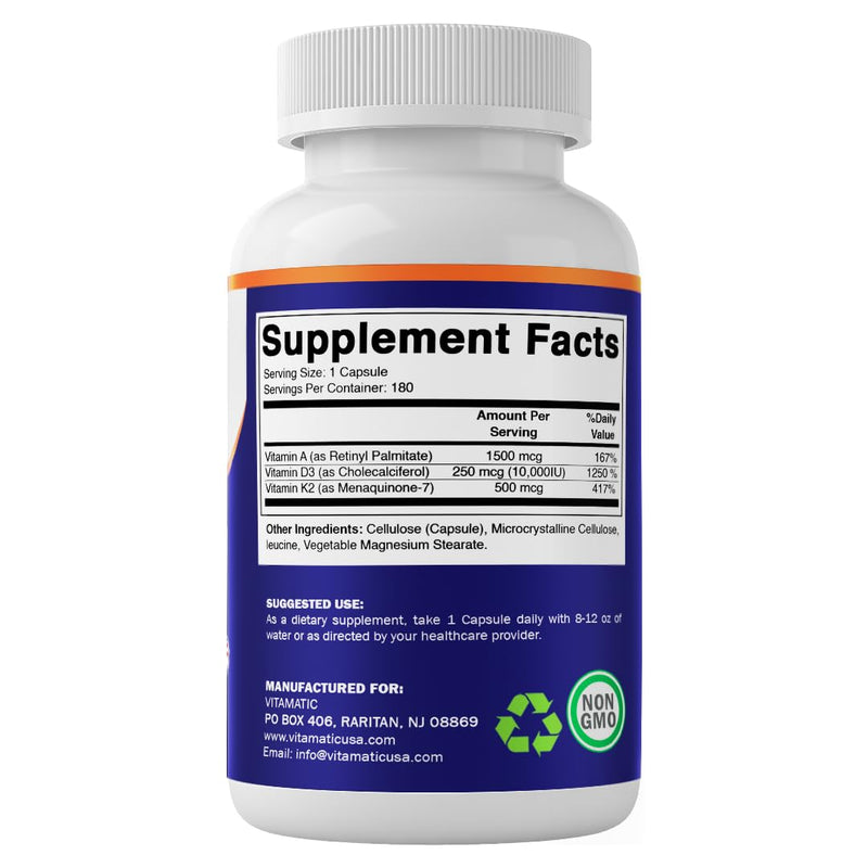Vitamatic ADK Vitamin Supplement, 180 Veg Capsules, High Potency Vitamins A, D3, K2 for Bone Health, Calcium Absorption, Non-GMO, Gluten Free - 2 Pack