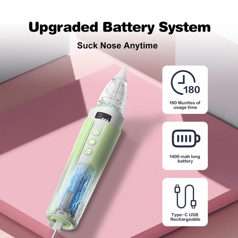 Electric Nasal Aspirator for Baby, Nose Sucker for Baby with IPX6 Waterproof, Self-Cleaning, Adjustable Nose Suction for Toddlers, Built-in Music & Light Soothing, Green - BeesActive Australia