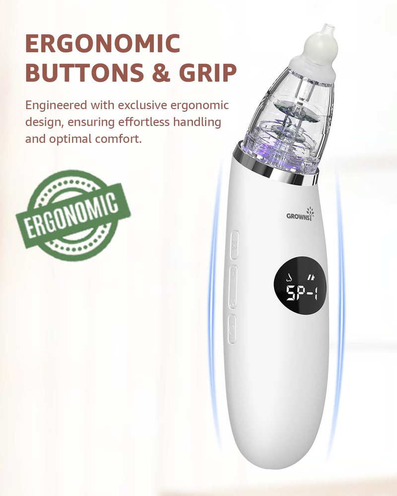 GROWNSY Nasal Aspirator for Baby | Baby Nose Sucker | Electric Nose Suction for Toddler, Ergonomic Booger Sucker with 3 Silicone Tips, Music & Light Soothing Function(White) White - BeesActive Australia