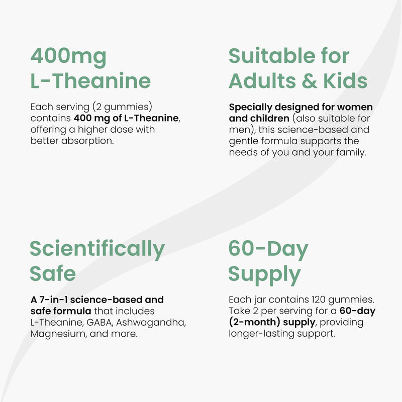 Stress Support Gummies for Kids & Adults, L-Theanine 400mg with Magnesium Glycinate, GABA & Ashwagandha, L Theanine Chewable Supplement for Relaxation, sleep, Calm & Focus, 120 Count, 60 Day Supply