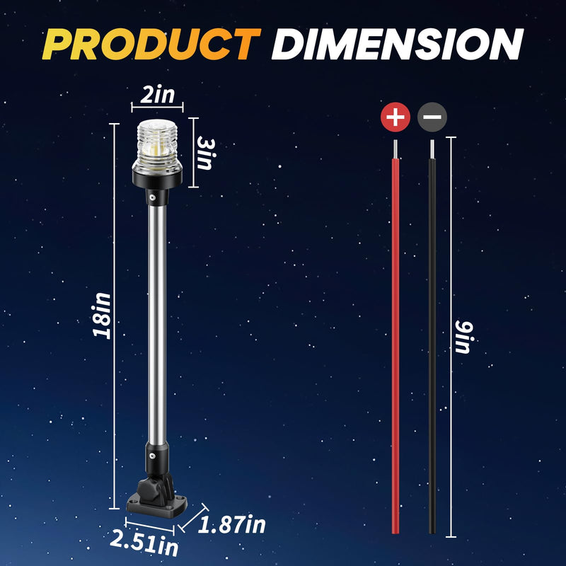 18 Inches Boat Stern Light Anchor Light LED Marine, Waterproof IP67 Fold Down White Back Boat Navigation Lights for Pontoon, Jon Boats, Bass Boat (12-24V) 18 Inches