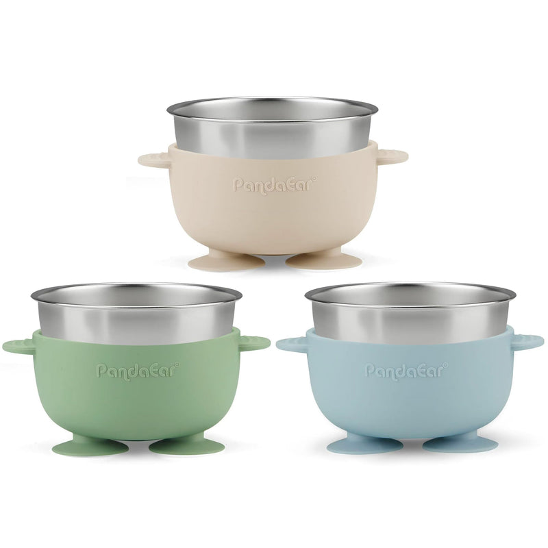 PandaEar 3 Pack Stainless Steel Baby Suction Bowls, Non-Slip Child Food Bowl with Silicone Sleeve for Kids Toddlers Infants, Unbreakable & Mess Free (Blue Green Brown) Blue Green Brown