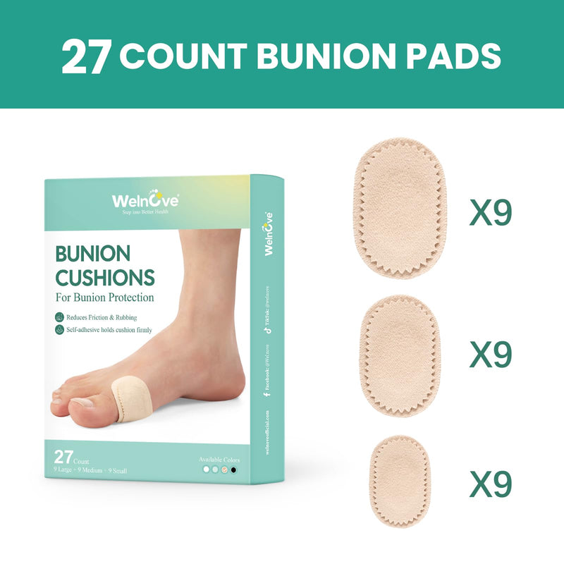 Welnove Bunion Pads to Wear with Shoes - 27 Pcs Moleskin for Feet - Water-Resistant - Bunion Pain Relief Cushions for All-Day Comfort & Protection (Multi-Size)