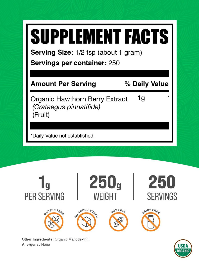 BulkSupplements.com Organic Hawthorn Berry Extract Powder - Hawthorn Berry Supplement - Herbal & Gluten Free, 1g per Serving, 250g (8.8 oz) (Pack of 1) 8.81 Ounce (Pack of 1)