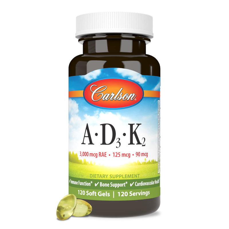 Carlson Vitamins A, D3, K2, 120 Soft Gels | 3000 mcg RAE Vitamin A; 125 mcg Vitamin D3; 90 mcg Vitamin K2 as MK-7; Bone Building; Calcium Utilization 120 Count (Pack of 1)