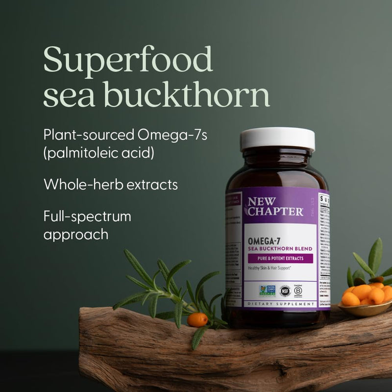 New Chapter Supercritical Omega 7 Supplement, 60 Count | Sea Buckthorn with Plant-Sourced Fatty Acids and Omega 7 for Skin, Mucous Membrane and Hair Support, Vegetarian Unflavored 60 Count (Pack of 1)