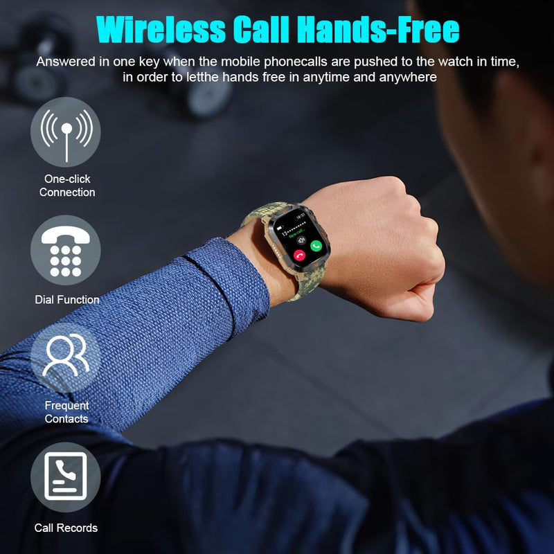 QTLLBT Military Outdoor Watch Altimeter Barometer Compass Tactical Smart Fitness Watch Heart Rate Sleep Monitor 100+ Sport Modes Fitness Available for Android and iOS (Camouflage Yellow) Camo Yellow - BeesActive Australia