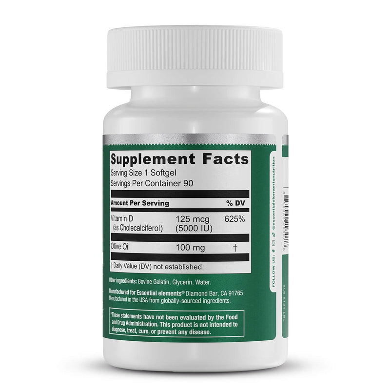 Essential Elements Vitamin D3 5000 IU - Softgels with Olive Oil - Bone, Muscle, & Immune Support - 90 Count 90 Count (Pack of 1)
