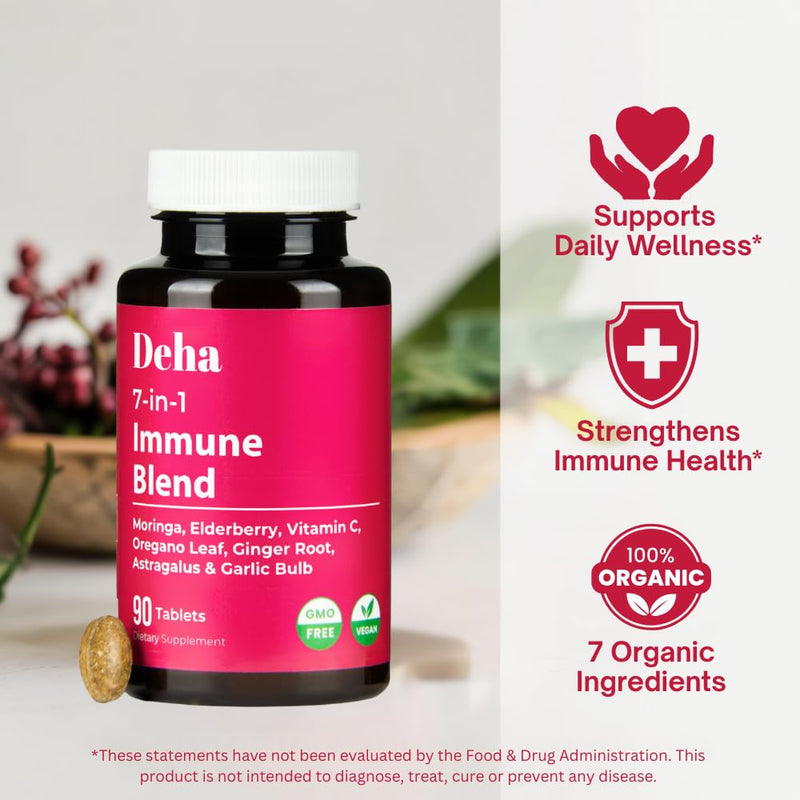 7-in-1 Immune Support Supplement Tablets Moringa Vitamin C Elderberry with Oregano Leaf, Ginger Root, Astragalus & Garlic Bulb Herbal Wellness - GMP Certified - Organic, Non-GMO, Vegan - 90 Count 1 Count (Pack of 90)