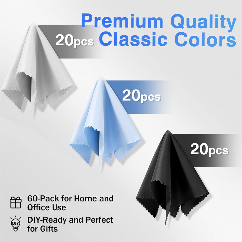 60-Pack Microfiber Cleaning Cloths for Glasses, 6x7 Inch Premium Lens Cleaning Cloth for Screens, Cameras, Eyeglasses, Cell Phone, LCD TV ScreensÔºåBlackÔºåGrey and Light Blue BlackÔºågreyÔºåblue