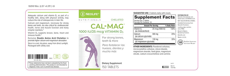 NeoLife - Chelated Cal-Mag Tablets with 1000 IU Vitamin D3 - Bone, Heart, and Muscle Function, Vitamin D, Double Amino Acid Chelation for Ideal Absorption,150 Tablet