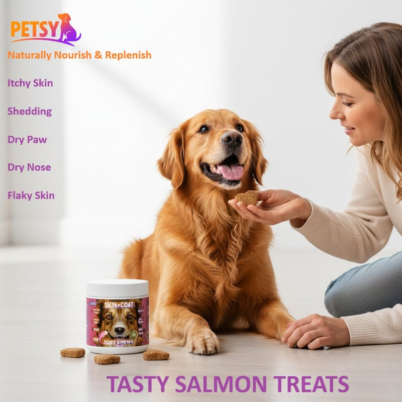 Petsy Skin & Coat supplement for dogs Vitamin C, E, Zinc, Biotin, OMEGA 3 Shiny coat Rejuvinate Healthy coat Natural Support itchy skin relief Daily