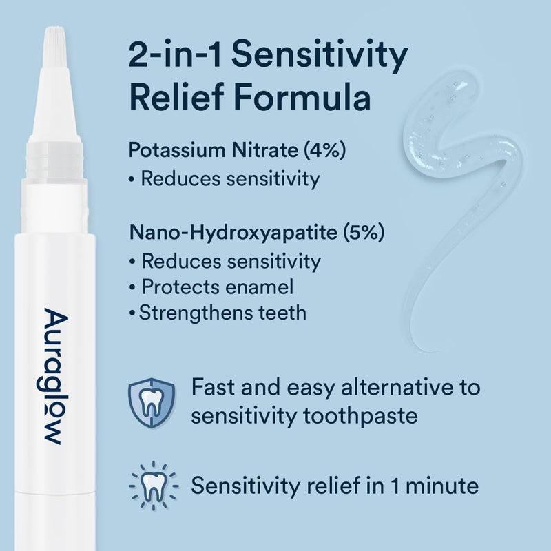 Auraglow Sensitive Teeth Relief Serum Gel, Reduces Tooth Sensitivity with Potassium Nitrate and Nano Hydroxyapatite, Remineralization Gel, Strengthens Teeth & Protects Enamel, 40+ Treatments, 4ml