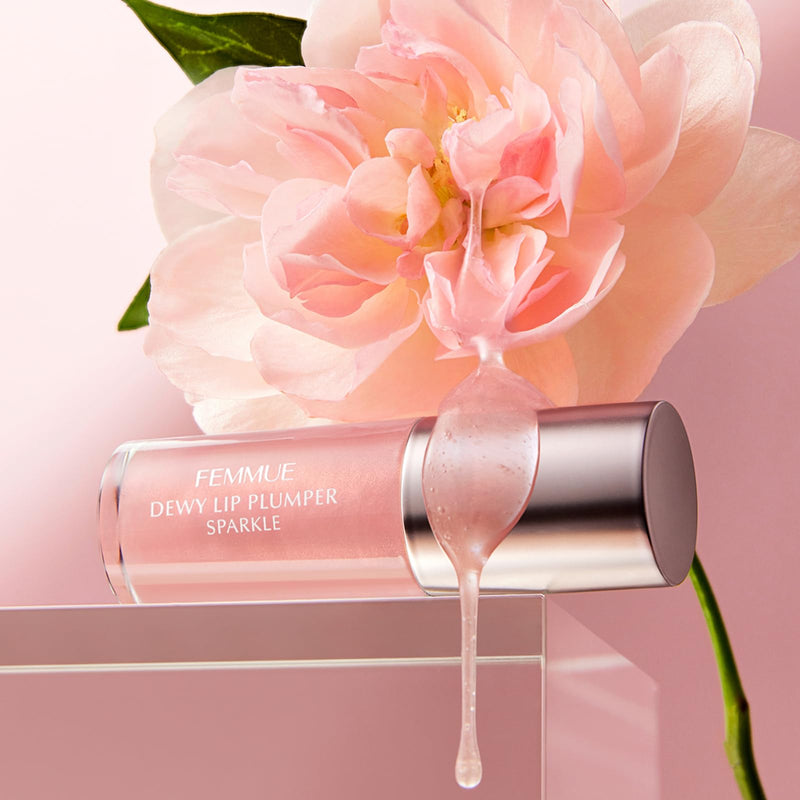 Femmue Dewy Lip Plumper Sparkle Peony, Hydrating Lip Oil with Shimmer, Fatty Acids and Vitamins Help Nourish and Leave Lips Looking Fuller, 0.19 oz