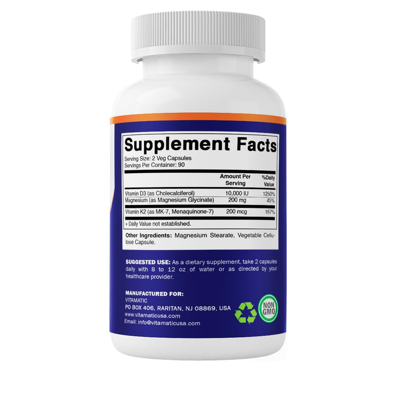 Vitamatic Magnesium Glycinate 200 mg (Elemental) with Vitamin D3 5000 IU & K2 200 mcg – High Absorption Bone, Muscle & Heart Support – 180 Veg Capsules – Non-GMO – Made in USA