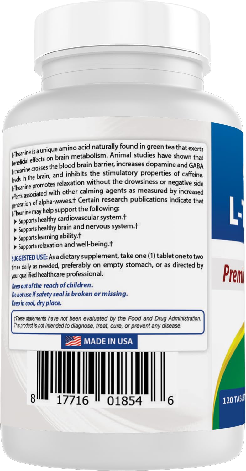Best Naturals L-Theanine 200mg per Tablet (400mg per 2 Tablets) - Promotes Relaxation Without Drowsiness - 120 Vegetarian Tablets - (120 Count (Pack of 3))