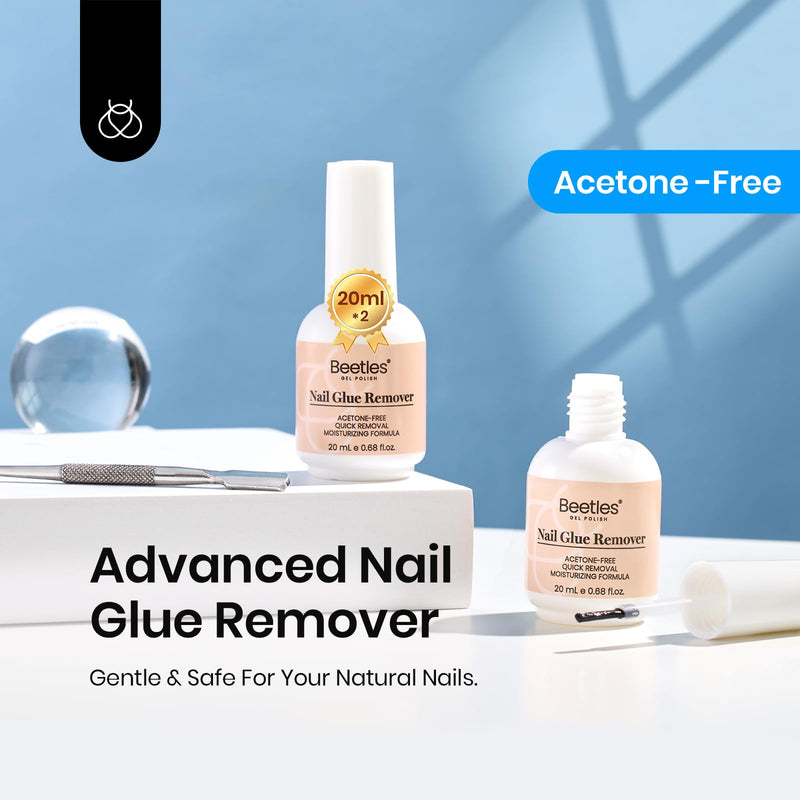 Beetles 2 Pcs Nail Glue Remover 20 ml for Press on Nails, False Nails Glue Remover for Fake Nail Tips Acrylics Nails Adhesive Remover Includes Cuticle Pusher, Not for Uv Gel Glue or Gel Polish 9-2 Pcs Nail Glue Remover 20 ml