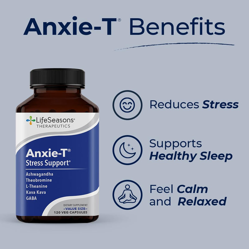 Anxie-T - Stress Relief Supplement - Supports Mood & Mental Focus - Feel Calm and Relaxed - Eases Tension & Nervousness - Ashwagandha, Kava Kava, GABA & L-Theanine - 120 Capsules 120 Count (Pack of 1) Original