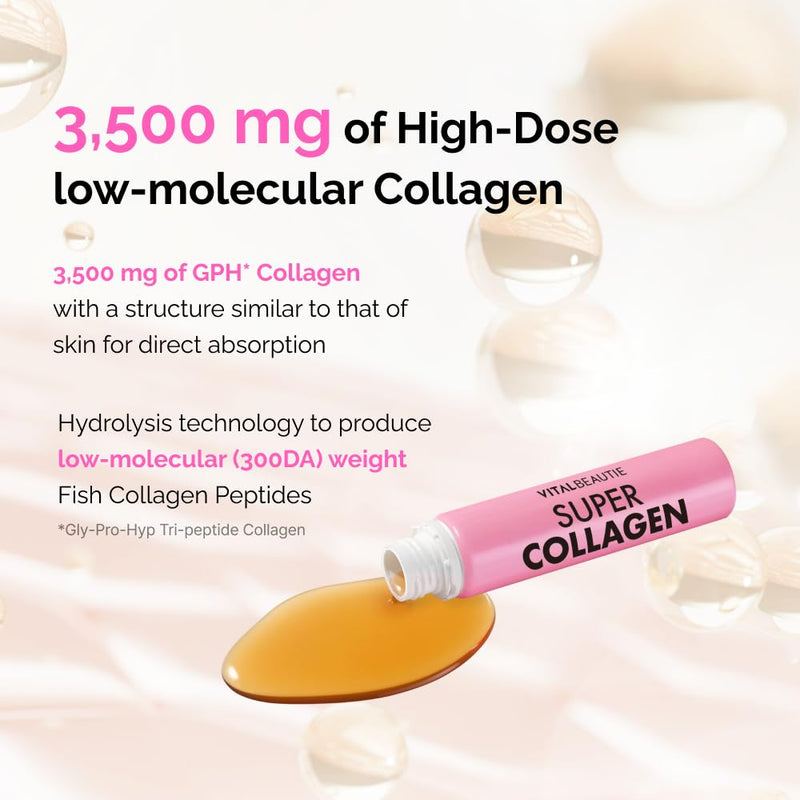 VITALBEAUTIE Super Collagen Drink – 3,500mg Low‑Molecular Fish Collagen (5 Types) – K‑Beauty Liquid Beauty Ampoules, Mixed Berry Flavor (Naturally & Artificially Flavored) – 14 x 25 mL 14 Servings