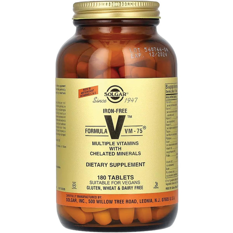 Solgar Iron-Free Formula VM-75, 180 Tablets - Vitamins A, B6, B12, C, D, E | Multivitamin with Chelated Minerals, Biotin, Magnesium, Calcium, Zinc - Vegan, Gluten & Dairy Free, Kosher - 180 Servings Unflavored 180 Count (Pack of 1)