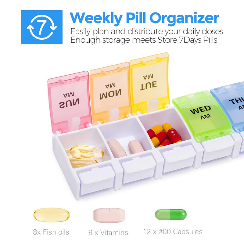 Weekly Pill Organizer 7 Day Pill Box with Labels, Spring Open Pill Case for Vitamins Supplements and Medications, BPA Free Daily Medicine Pill Organizer for Medication Portable Pill Holder White