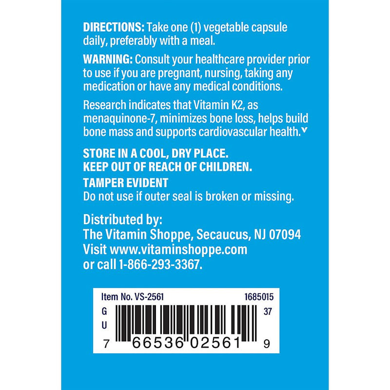 The Vitamin Shoppe Vitamin K2 MK-7 100 MCG - Bone Density & Arterial Health | Menaquinone-7 | 60 Capsules | Vegan 1 Count (Pack of 1)