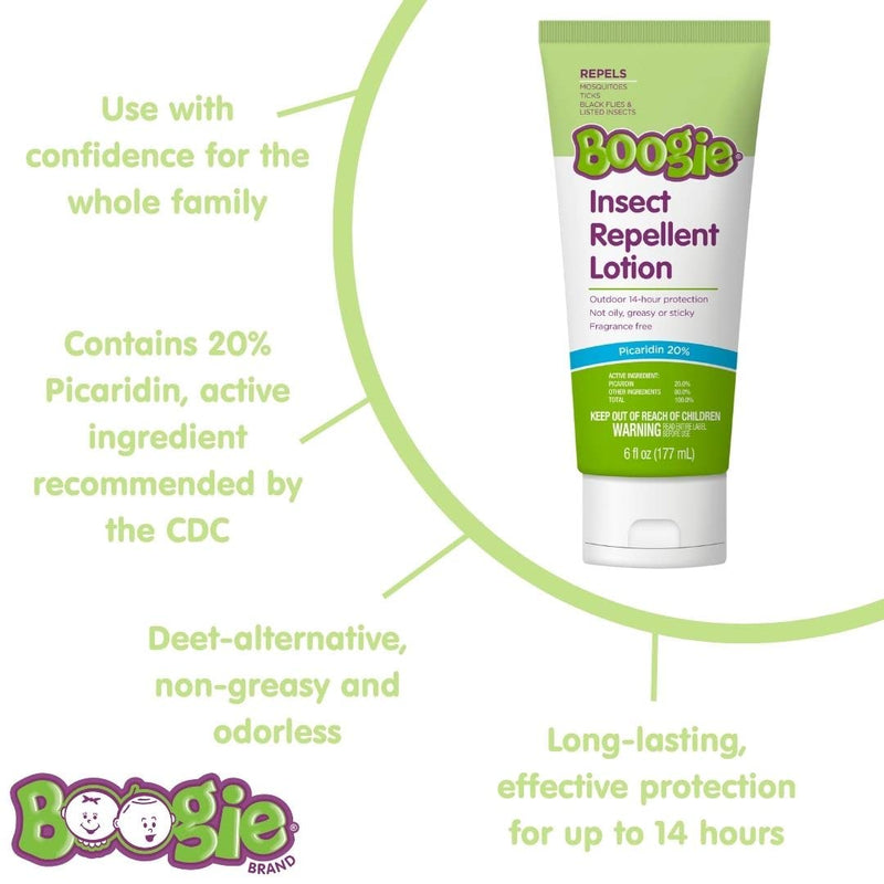 Boogie Insect Repellent Lotion, Keep Mosquitoes, Ticks and Flies Off, DEET Alternative Repellent, Up to 14-Hour Protection, Fragrance-Free, Odorless Lotion, 6 Ounce 6 Fl Oz (Pack of 1)