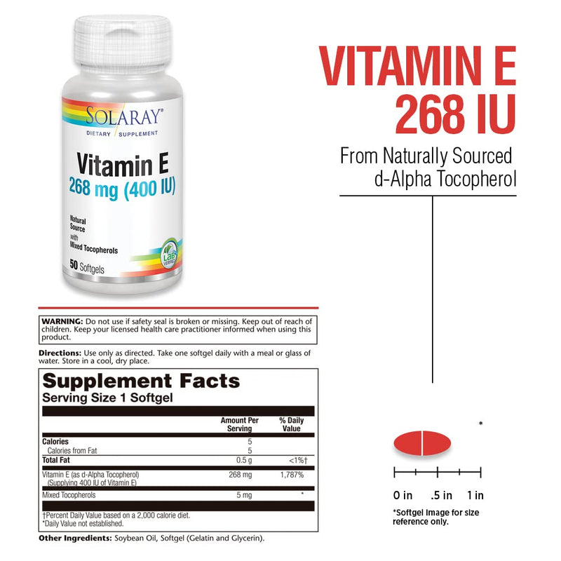 SOLARAY Vitamin E d-Alpha Tocopherol 268mg (400 IU) | Heart & Skin Health, Antioxidant Activity Support (50 CT) Unflavored 50 Count (Pack of 1)