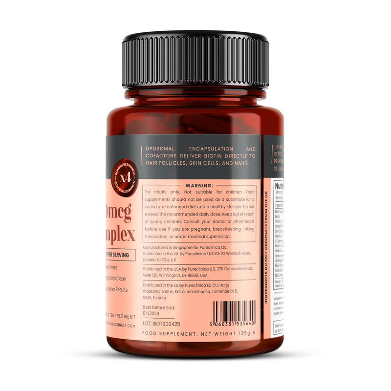 pureclinica 400% Strength Biotin 40,000mcg x 90 Caplets – BioVOL²® Liposomal Biotin Complex | with Marine Collagen, Keratin, Vitamin C & More | 3 Months Supply 90 Count (Pack of 1)