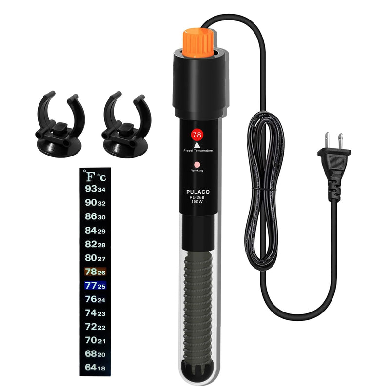 PULACO 100Watt Aquarium Heater for 15-25 Gallon Fish Tank, Adjustable Submersible Heater Thermostat with Thermometer Strip and Suction Cup 100W for 15-25 gallon